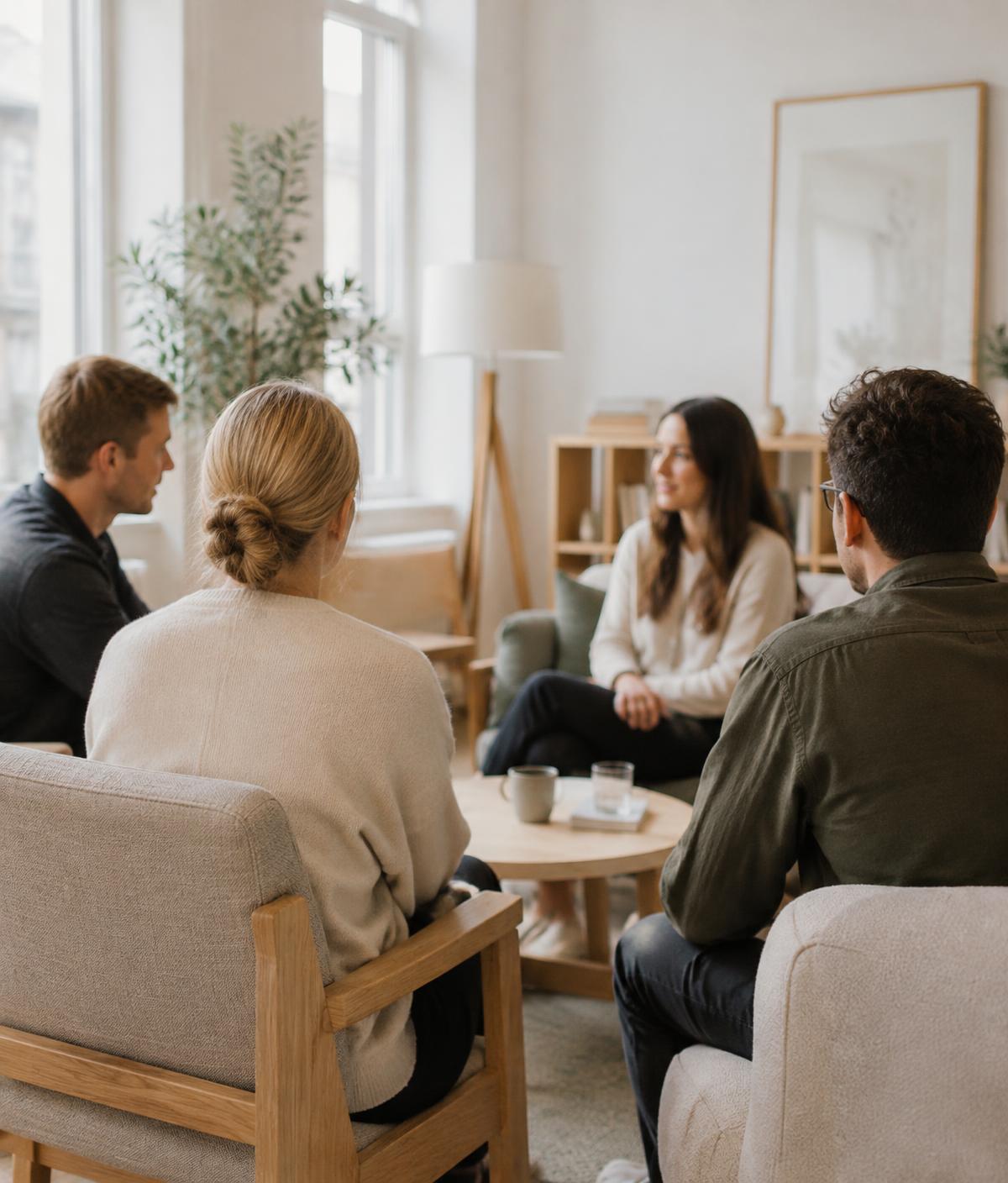 Ett mindre team i samtal i en ljus arbetsmiljö